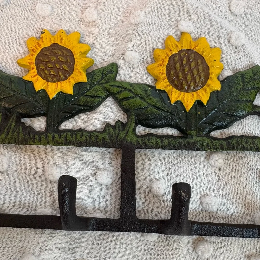 VINTAGE Farmhouse Cast Iron HOOK WALL HANGER Sunflowers